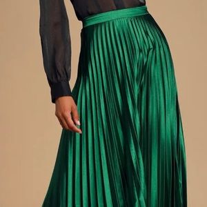 Emerald Green Satin Pleated Midi Skirt